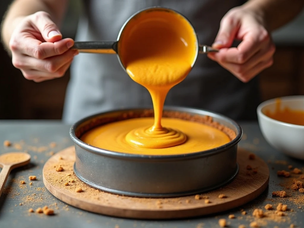 Pouring pumpkin cheesecake batter over a baked gingersnap crust