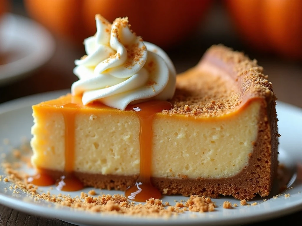 Pumpkin cheesecake slice garnished with whipped cream, caramel, and gingersnap crumbs