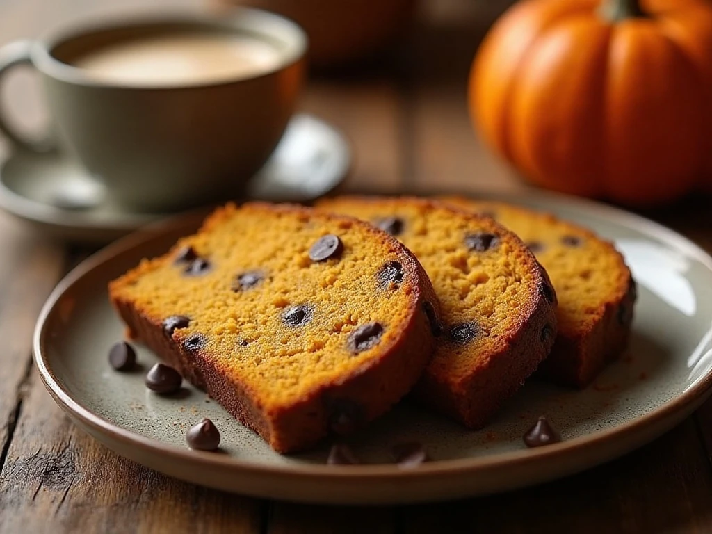 Slices of moist pumpkin chocolate chip banana bread served with coffee