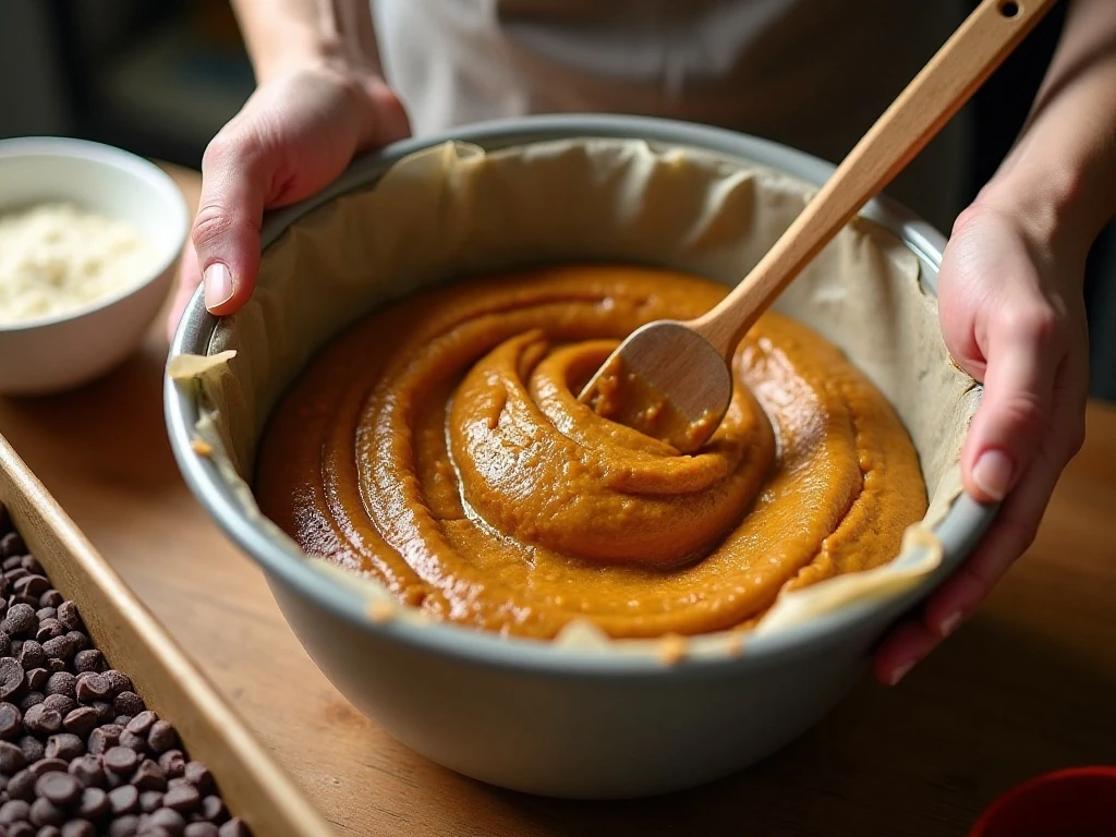 Gently folding pumpkin banana bread batter with chocolate chips
