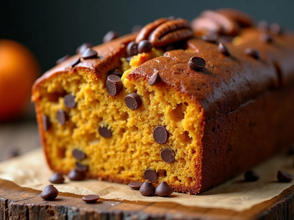 Close-up of the moist crumb and chocolate chips in pumpkin banana bread