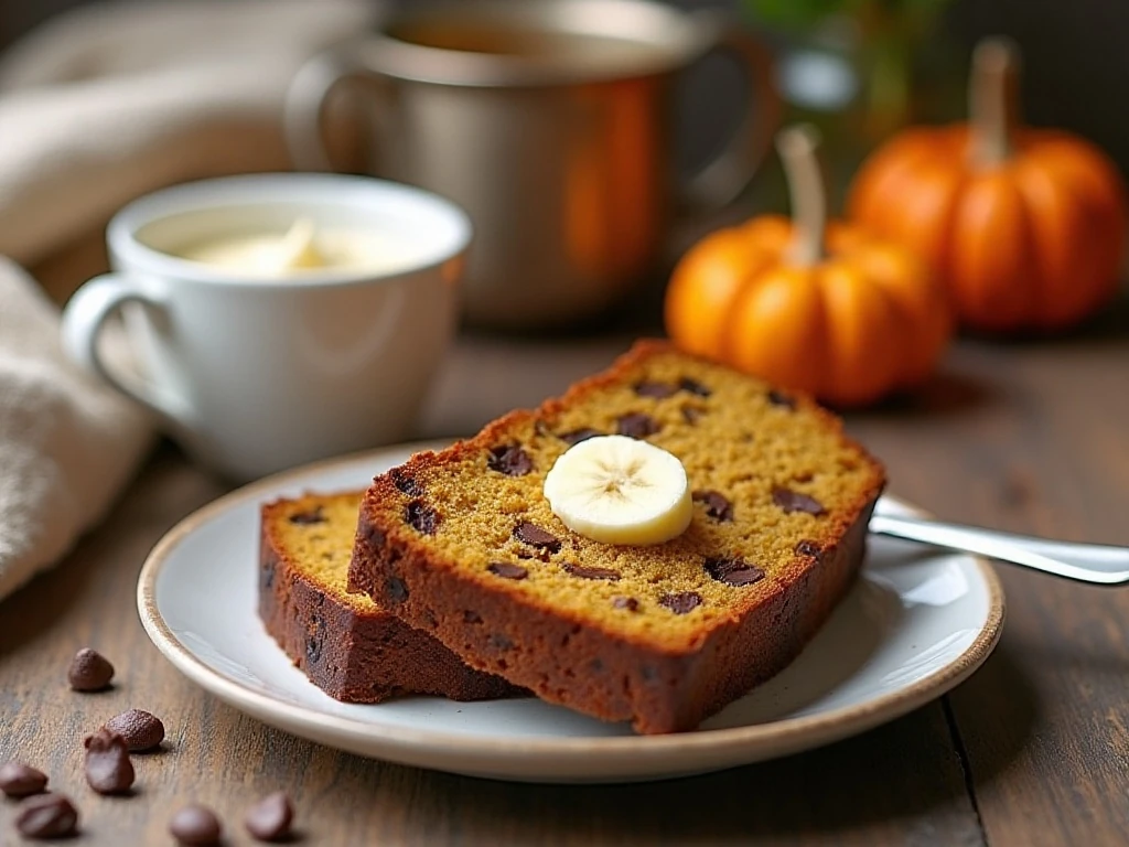 Pumpkin chocolate chip banana bread served as a cozy snack