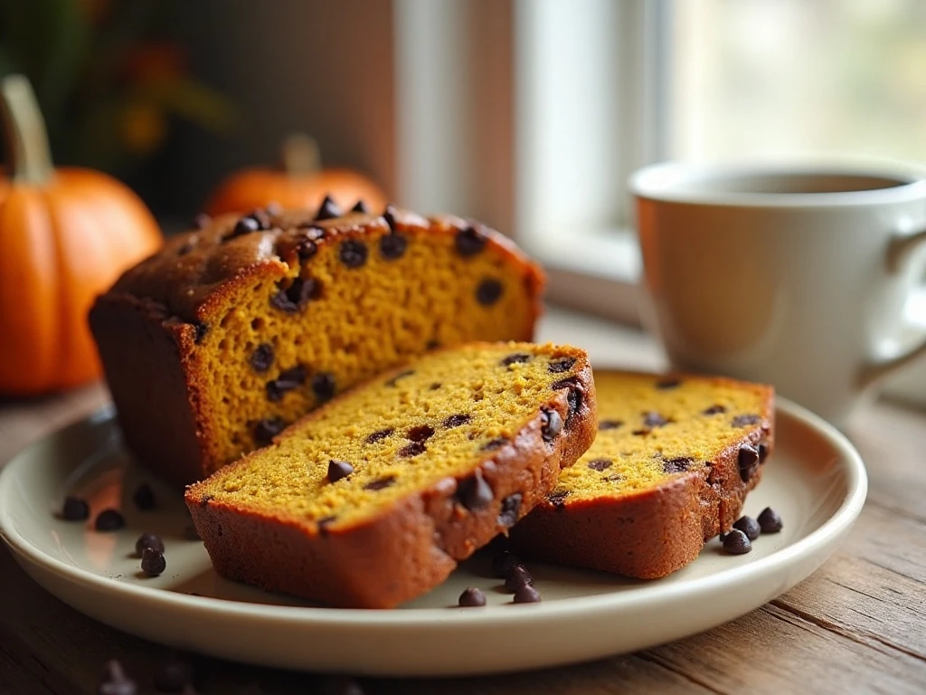 Sliced pumpkin chocolate chip bread served for breakfast
