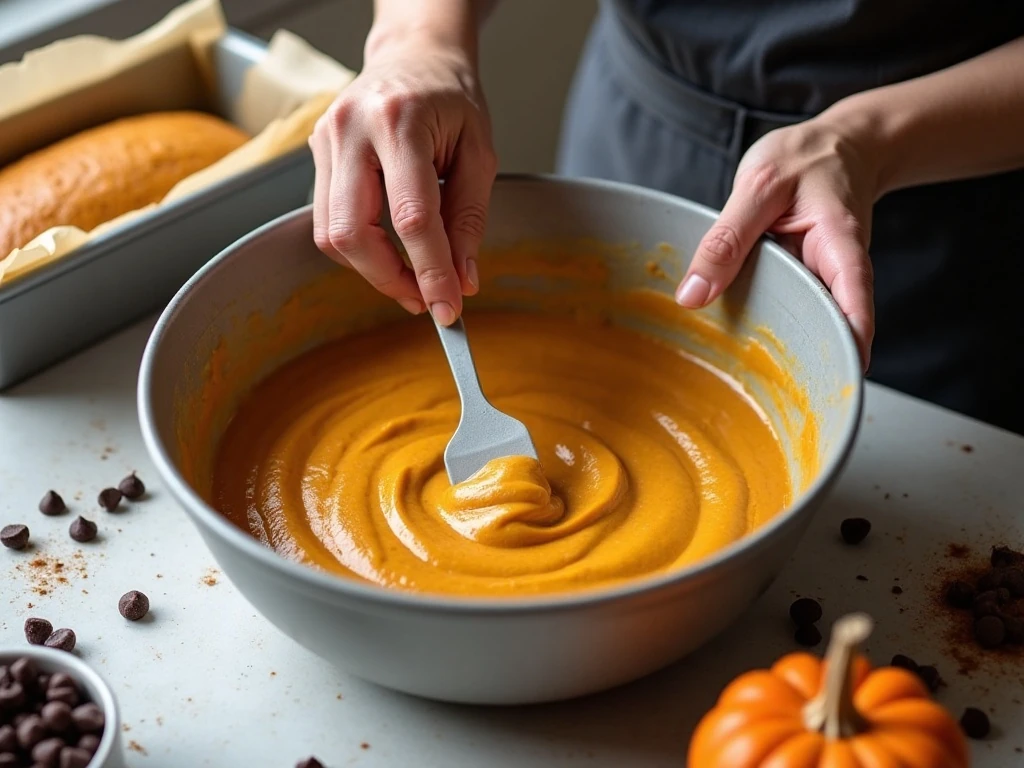 Mixing pumpkin bread batter before baking