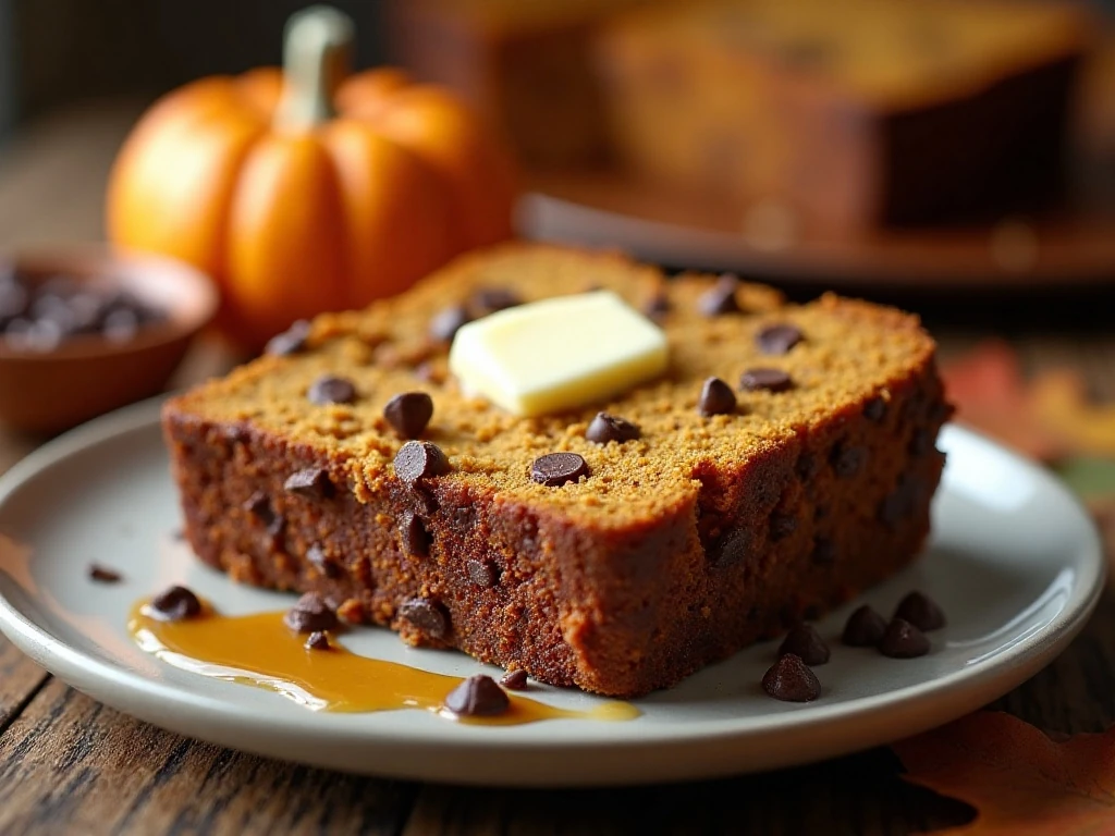Pumpkin chocolate chip bread slice with butter and maple drizzle