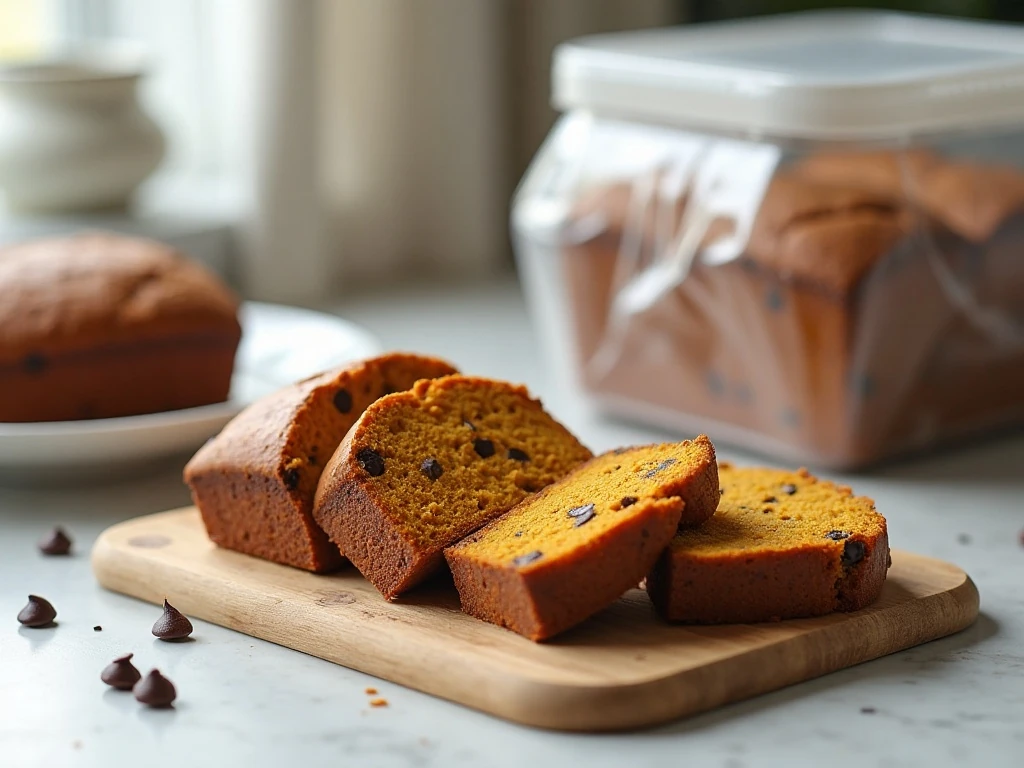 Stored slices of pumpkin chocolate chip bread