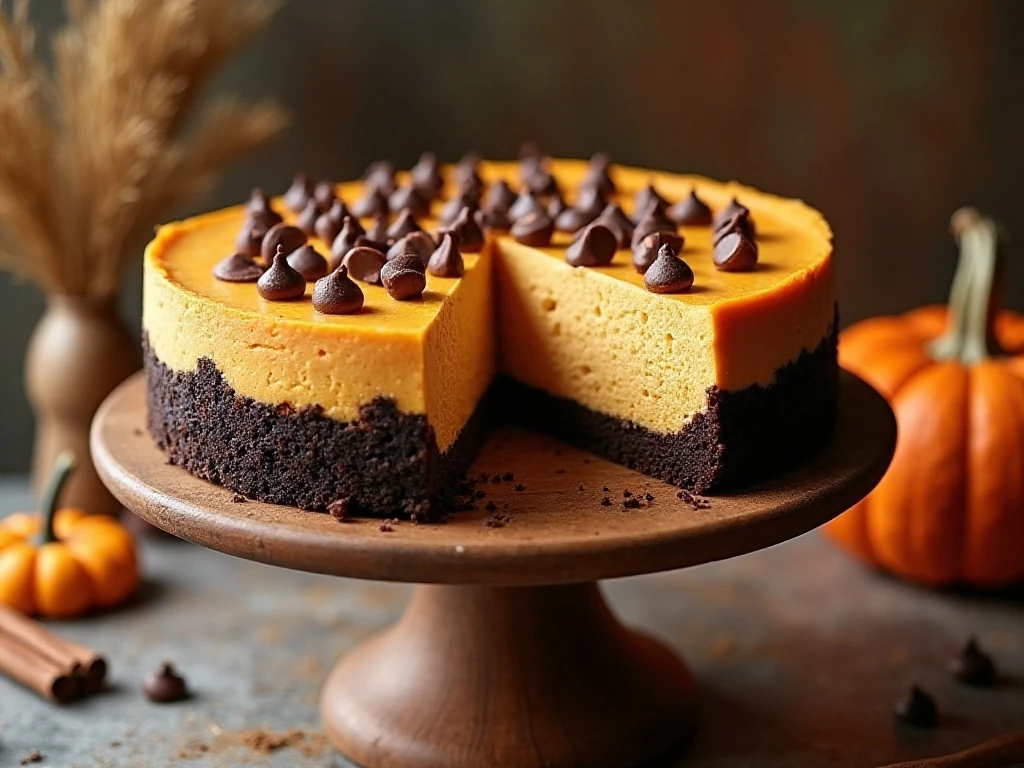 Pumpkin chocolate chip cheesecake with a chocolate crust and creamy spiced filling