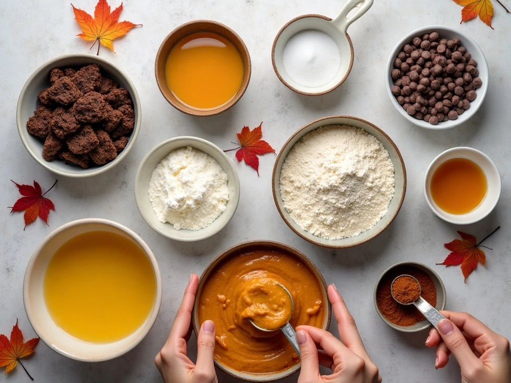 Ingredients for pumpkin chocolate chip cheesecake arranged for baking