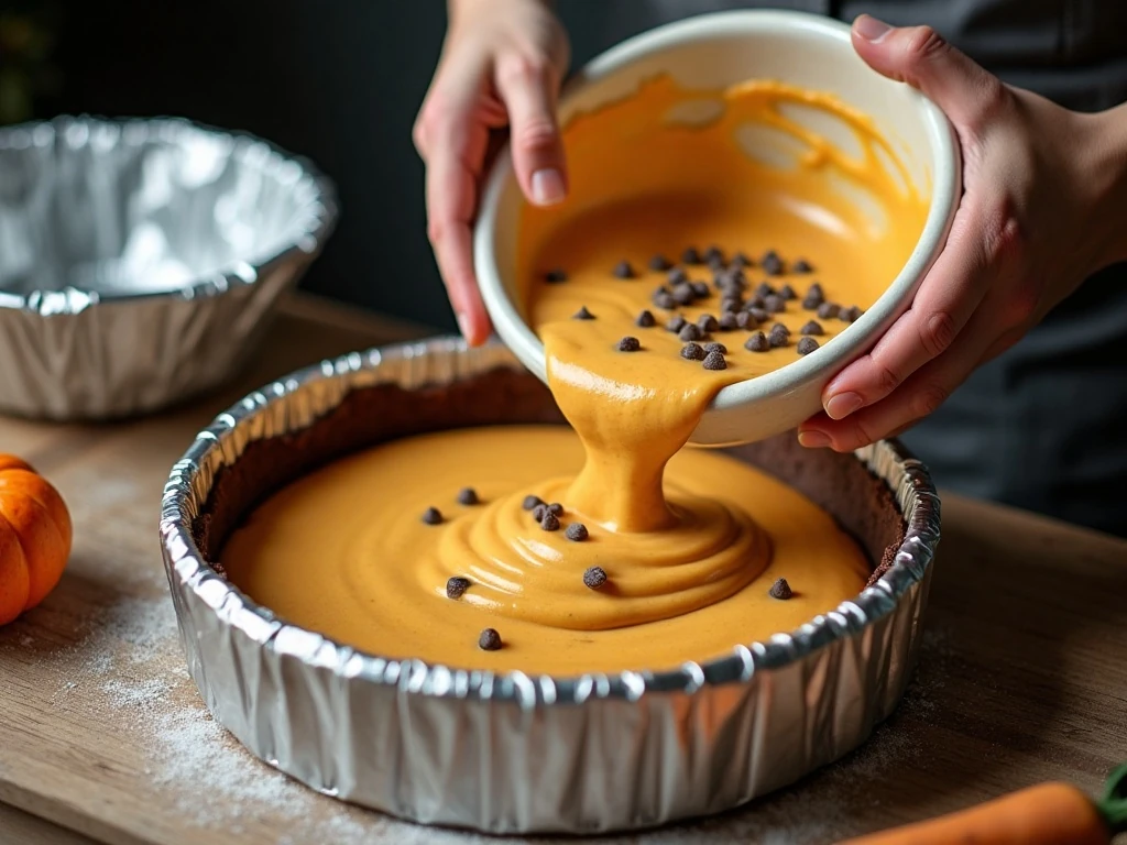 Folding chocolate chips into pumpkin cheesecake batter