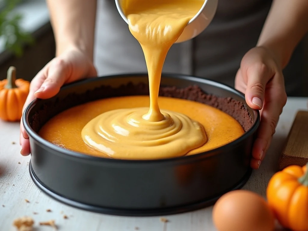 Smooth pumpkin cheesecake batter poured over a chocolate cookie crust