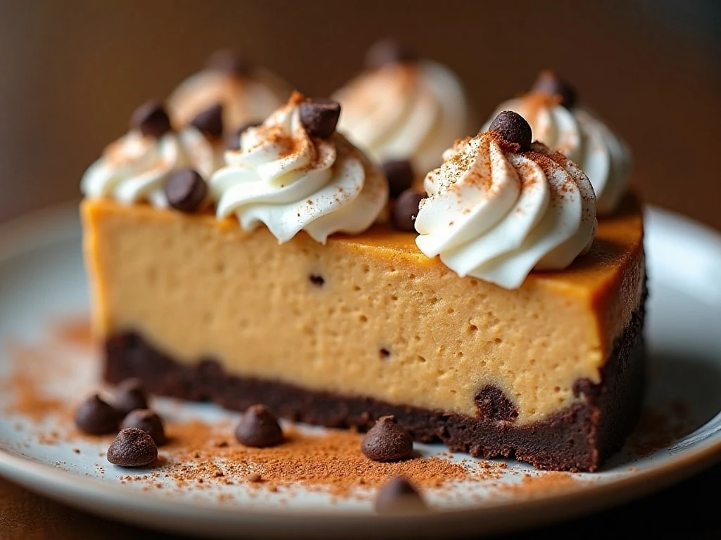 Chilled pumpkin cheesecake slice with whipped cream chocolate and cinnamon garnish