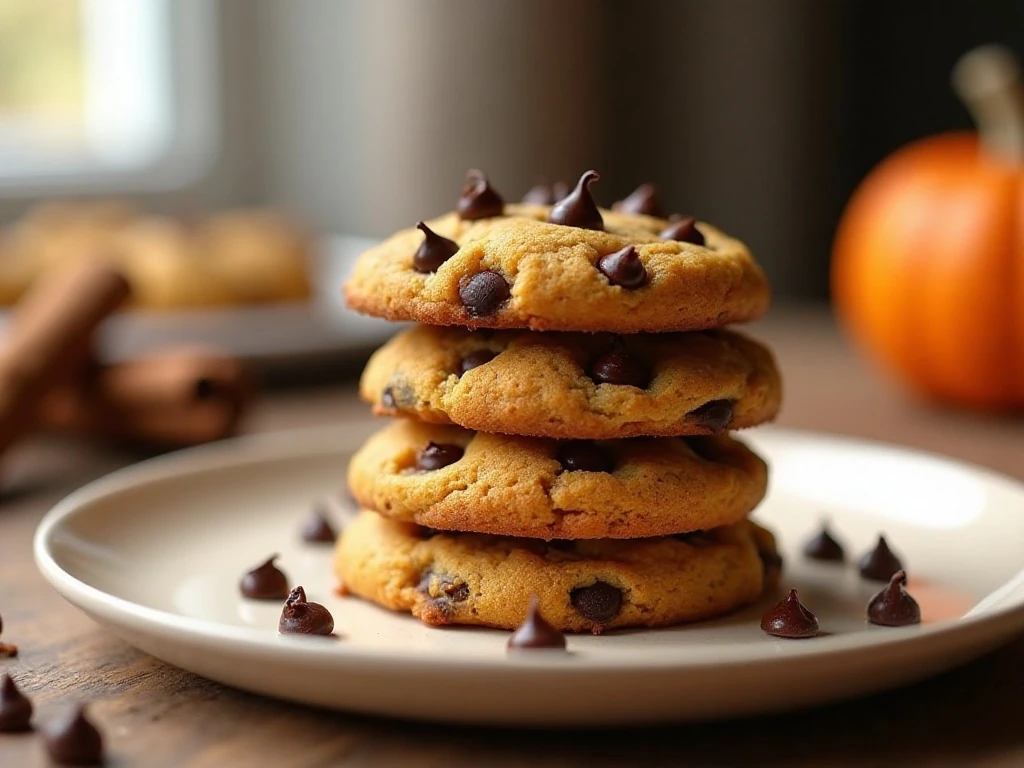 Stack of soft and chewy pumpkin chocolate chip cookies