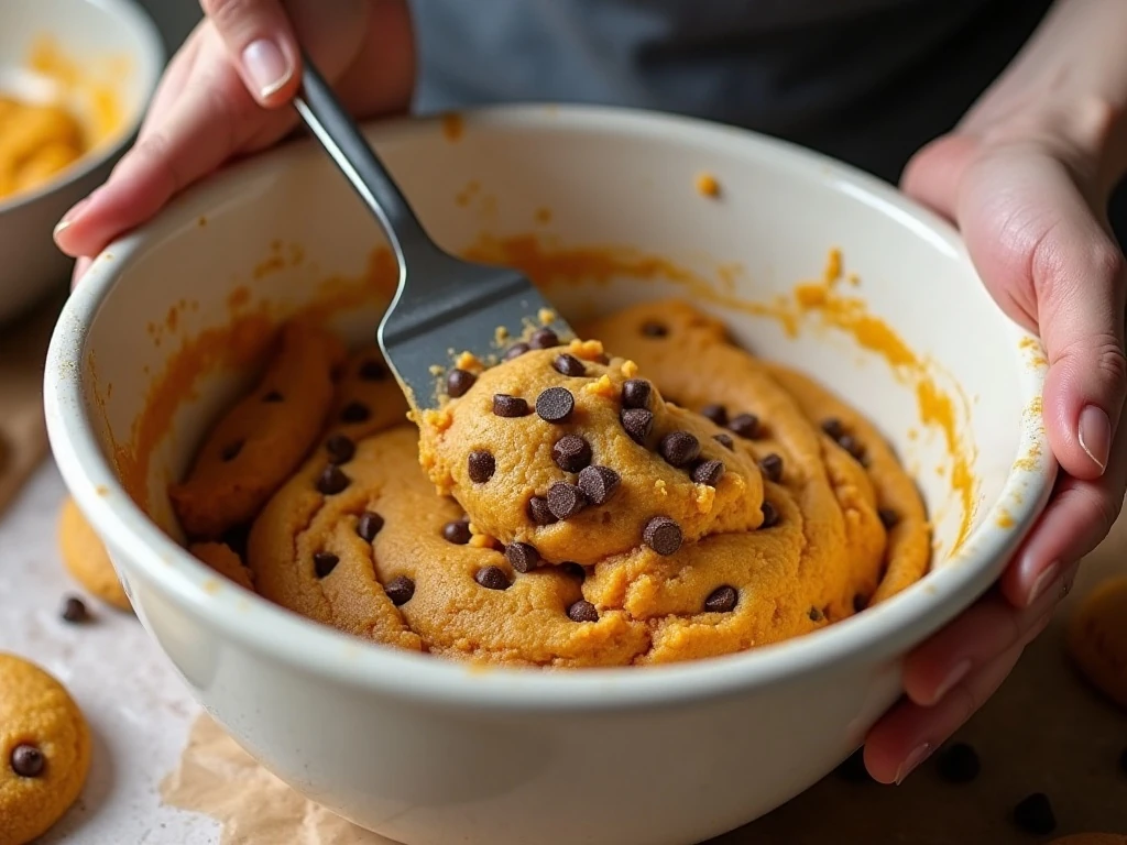 Folding chocolate chips into pumpkin cookie dough