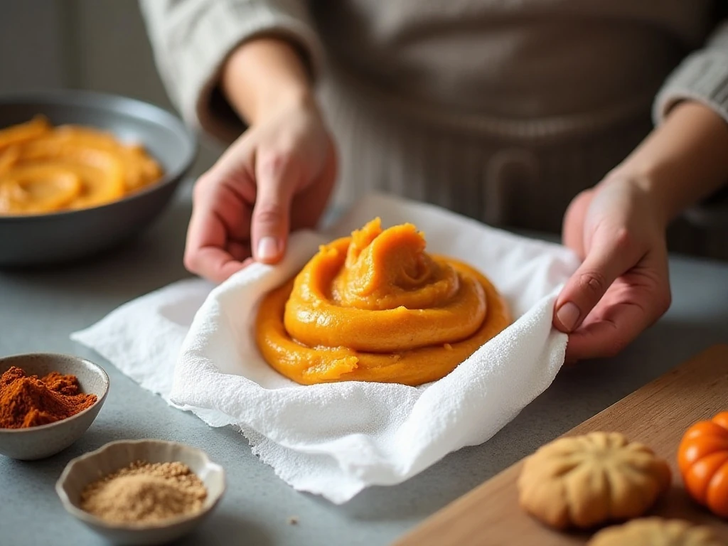 Blotting excess moisture from pumpkin purée for cookies