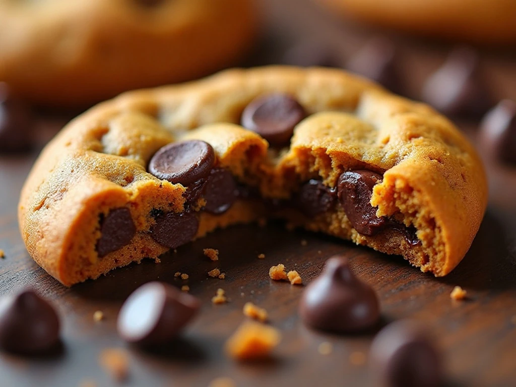 Close-up of a chewy pumpkin cookie with melted chocolate chips