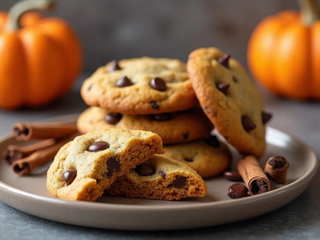 Stack of soft and chewy pumpkin chocolate chip cookies with melted chocolate chips