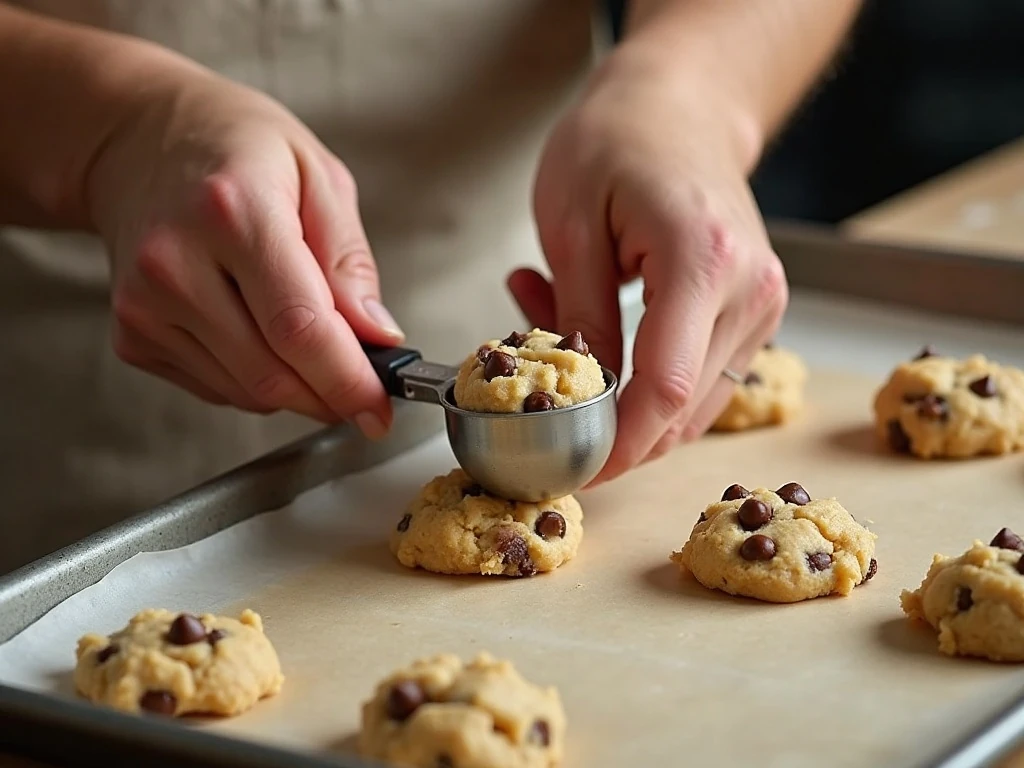 Scooping pumpkin chocolate chip cookie dough onto a parchment-lined baking sheet