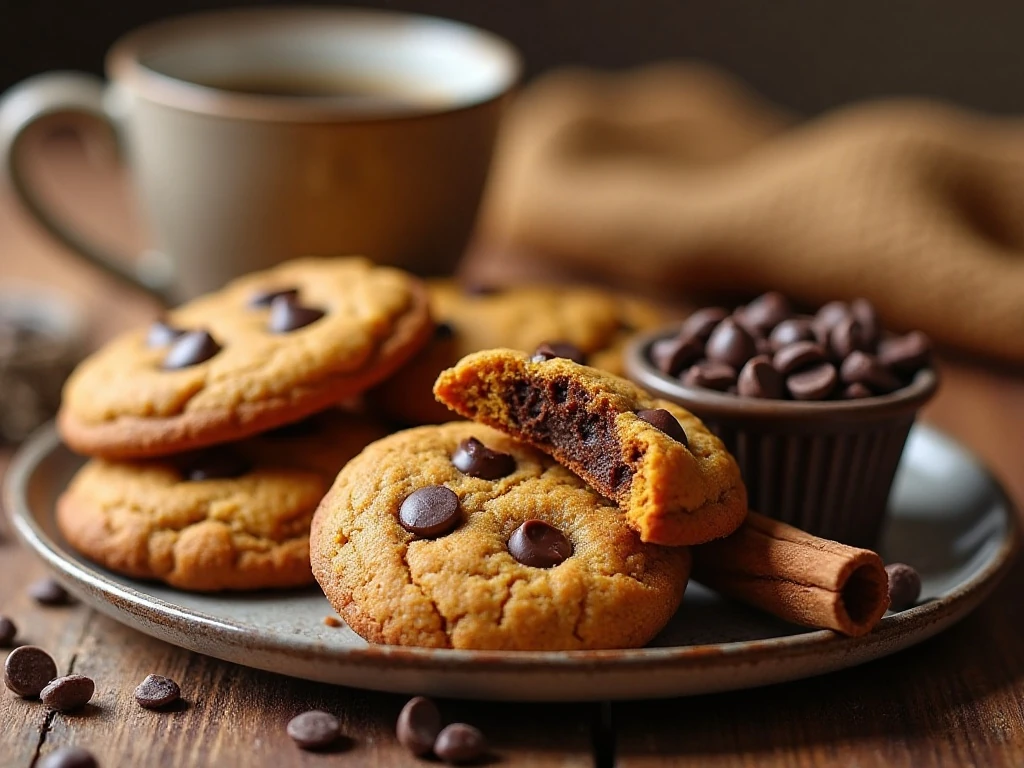 Soft pumpkin chocolate chip cookies served with coffee