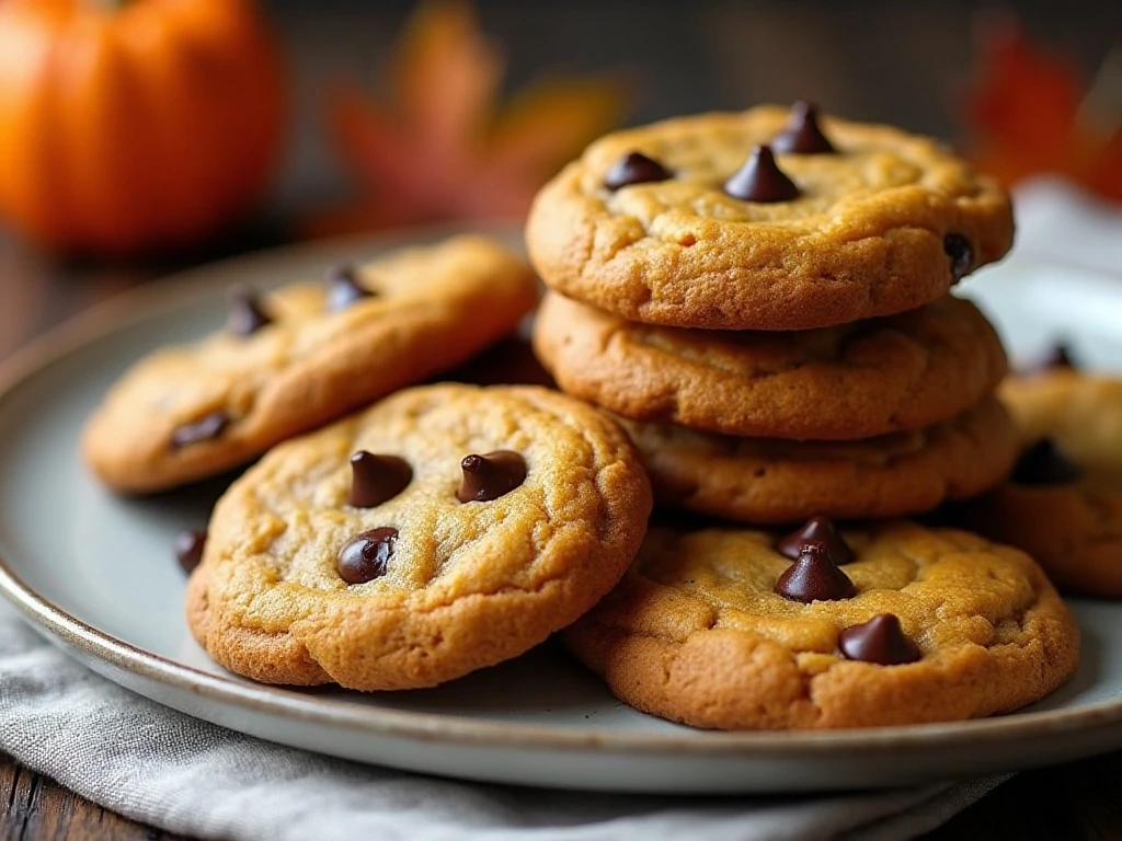 Finished plate of soft and chewy pumpkin chocolate chip cookies