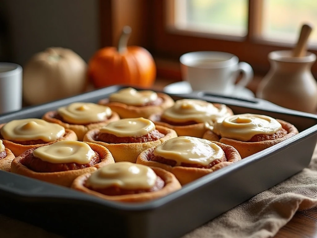 Fresh pumpkin cinnamon rolls with cream-cheese icing in a baking pan