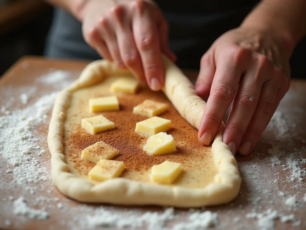 Rolling pumpkin cinnamon roll dough with butter and cinnamon sugar