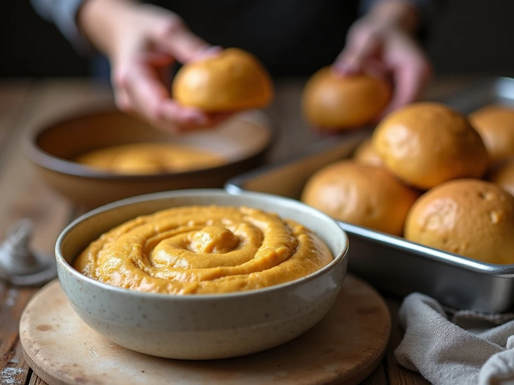 Pumpkin cinnamon roll dough rising beside shaped rolls