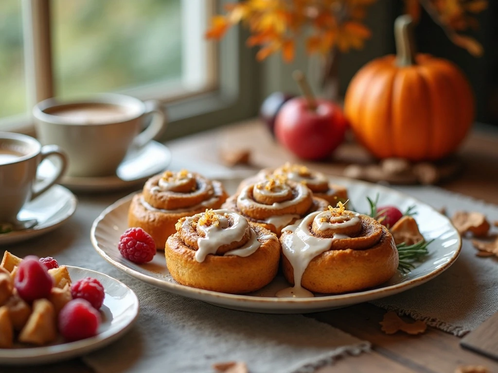 Pumpkin cinnamon rolls served at an autumn brunch