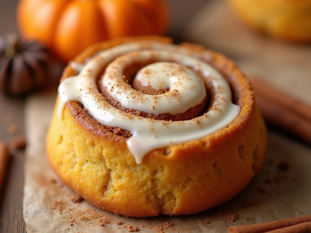 Close-up of a warm pumpkin cinnamon roll with cream-cheese icing
