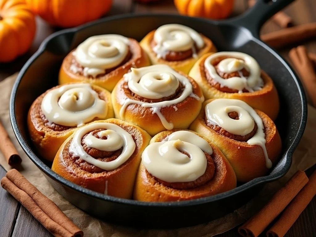 Pan of homemade pumpkin cinnamon rolls with cream-cheese frosting