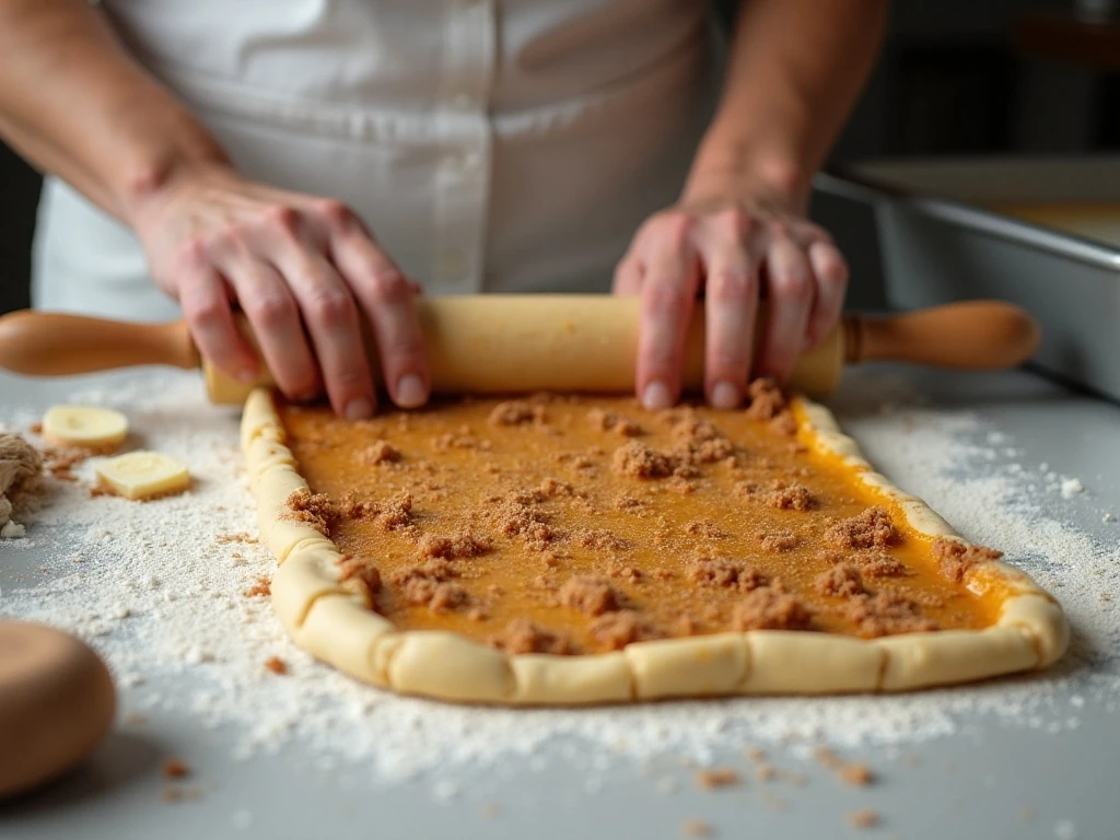 Rolling pumpkin cinnamon roll dough with brown sugar filling