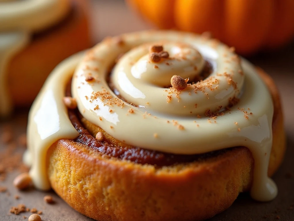 Cream-cheese frosting on a warm pumpkin cinnamon roll