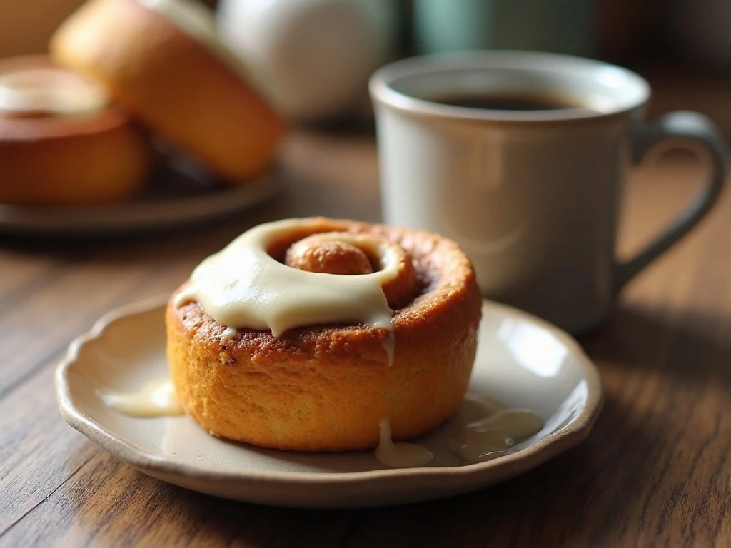 Reheated pumpkin cinnamon roll served with coffee