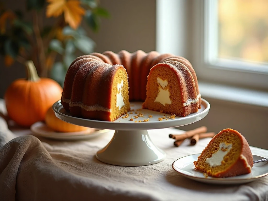 Pumpkin cream cheese Bundt cake with a visible creamy center