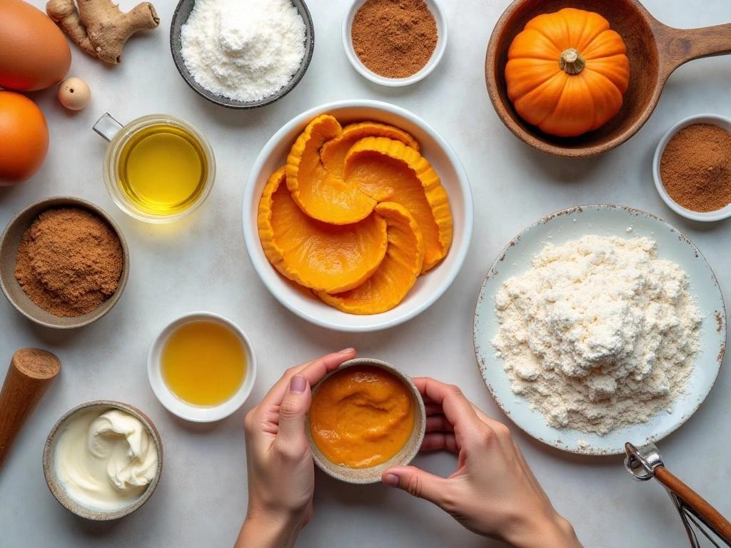 Ingredients for pumpkin cream cheese Bundt cake