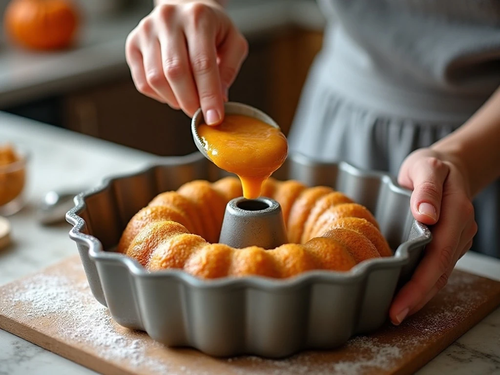 Preparing pumpkin batter and cream cheese filling in a Bundt pan