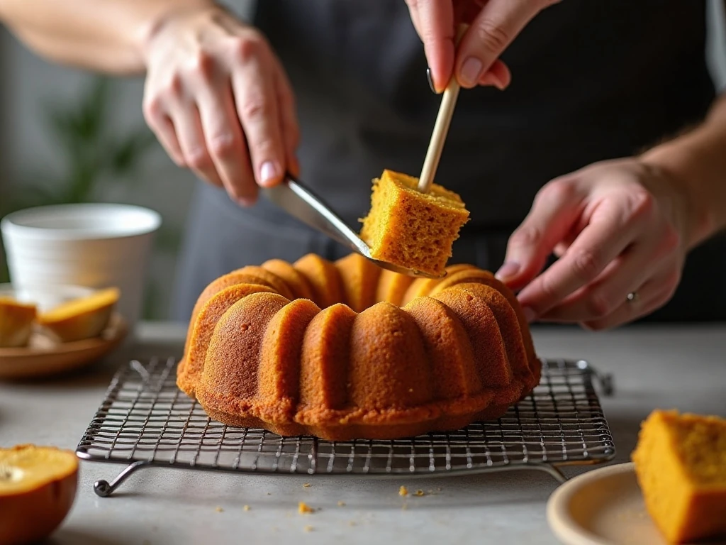 Testing a pumpkin Bundt cake for doneness