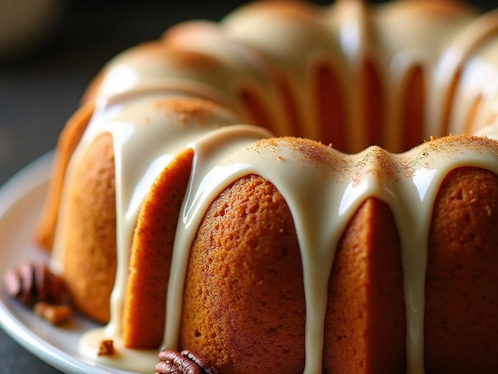 Vanilla glaze and pecan garnish on pumpkin Bundt cake