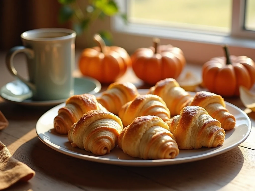 Golden pumpkin cream cheese crescent rolls arranged on a fall serving platter