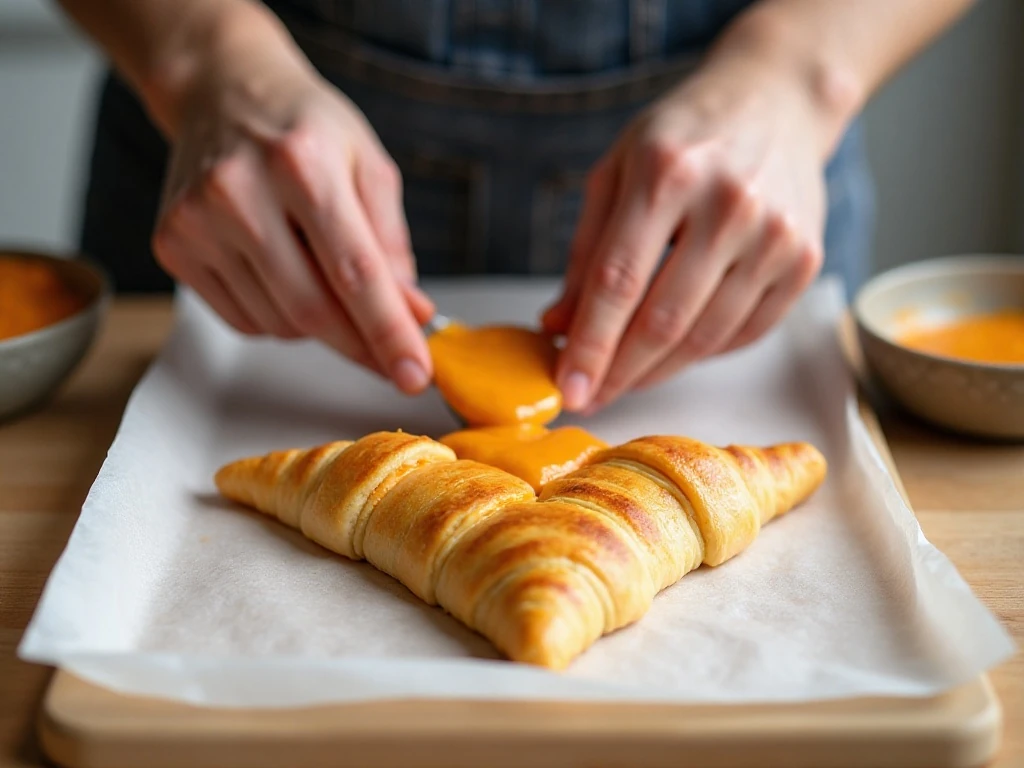 Pumpkin cream cheese filling being spread over crescent dough