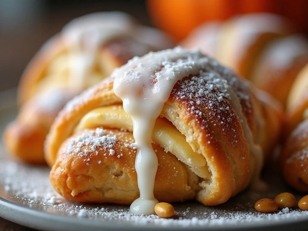 Glazed pumpkin cream cheese crescent with cinnamon garnish