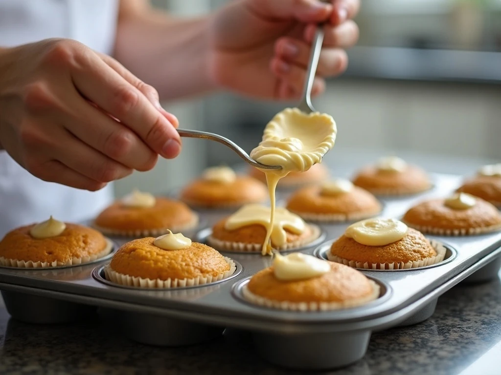 Swirling cream cheese into pumpkin muffin batter