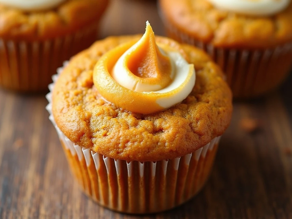 Close-up of a neat cream-cheese swirl on a pumpkin muffin