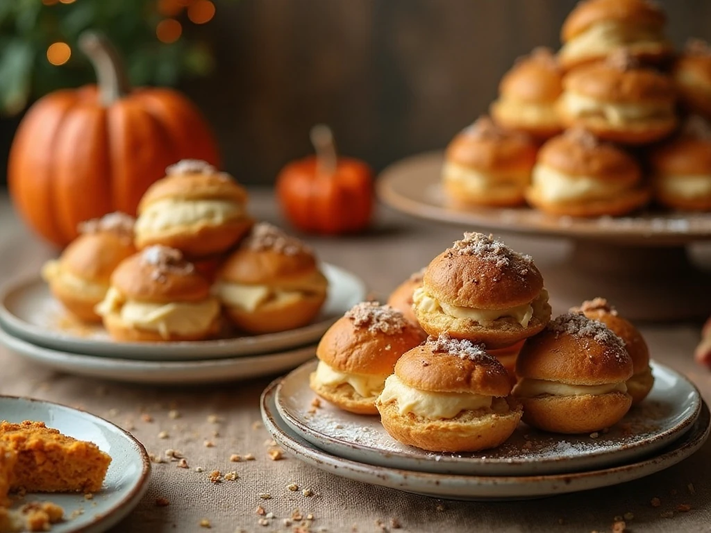 Golden pumpkin cream puffs arranged for a fall dessert table