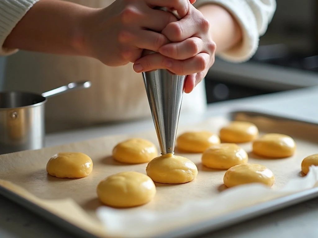 Piping pâte à choux dough for pumpkin cream puff shells
