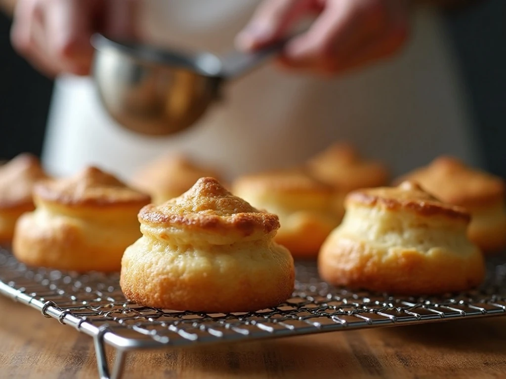 Golden cream puff shells cooling and releasing steam