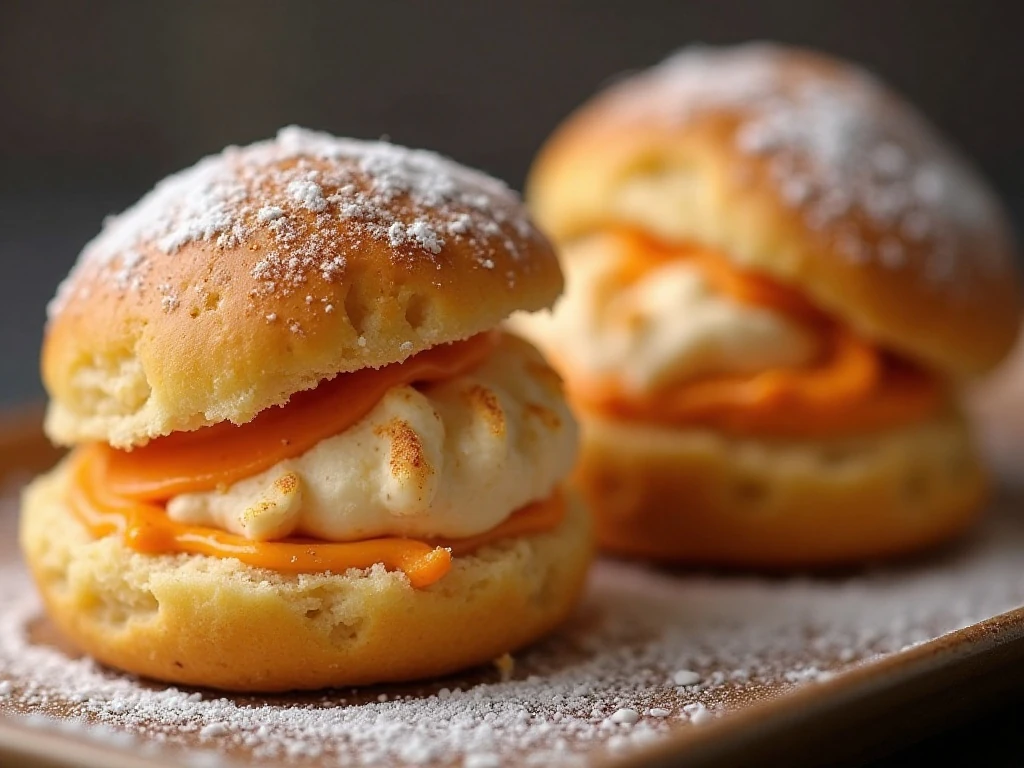 Pumpkin cream puffs filled and dusted with cinnamon