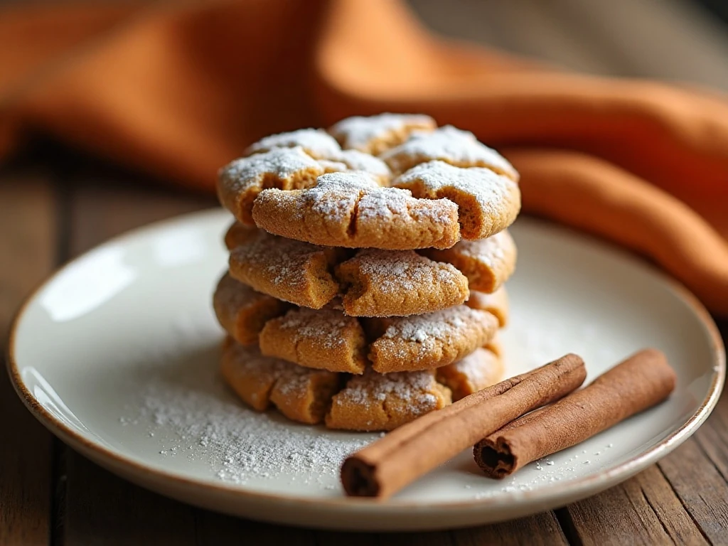 Stack of soft pumpkin crinkle cookies with powdered sugar cracks