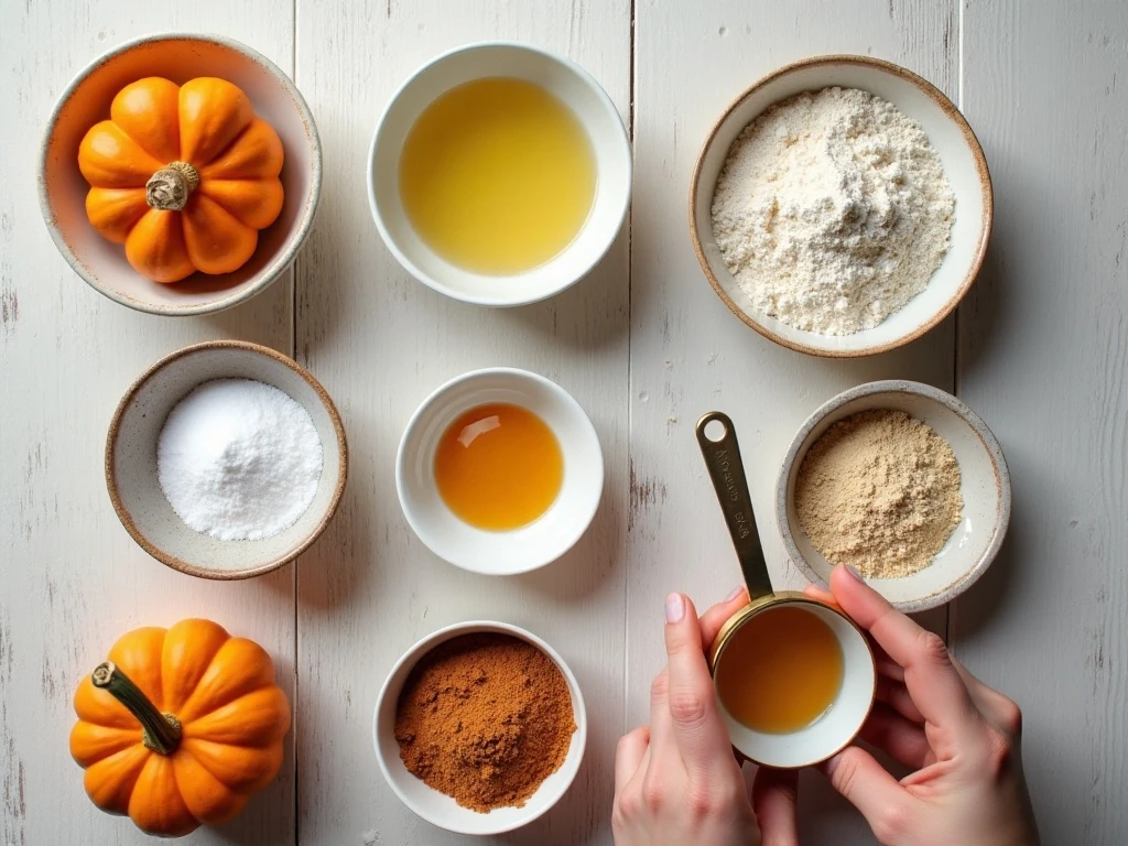 Measured ingredients for pumpkin crinkle cookies
