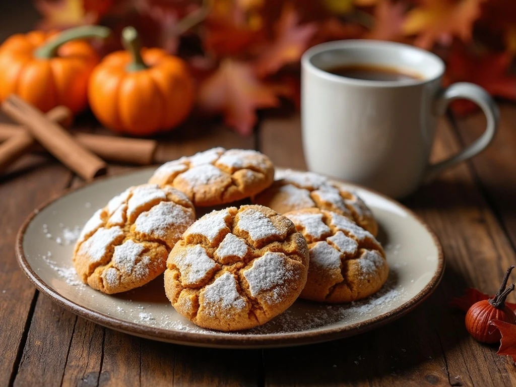 Pumpkin crinkle cookies served on an autumn dessert platter