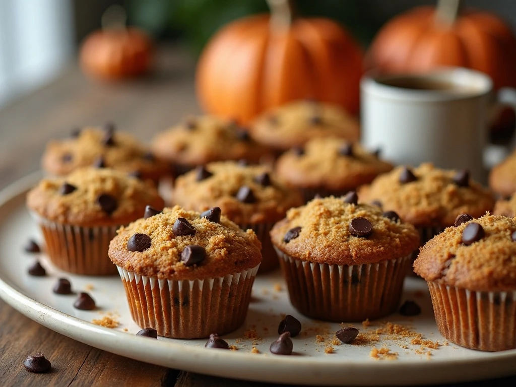 Pumpkin crumb chocolate chip muffins arranged on a platter